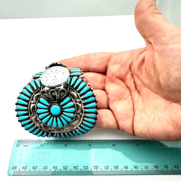 Vintage Native American Zuni Petit Turquoise Bracelet Sterling Silver Cuff 95 G - Picture 8 of 9